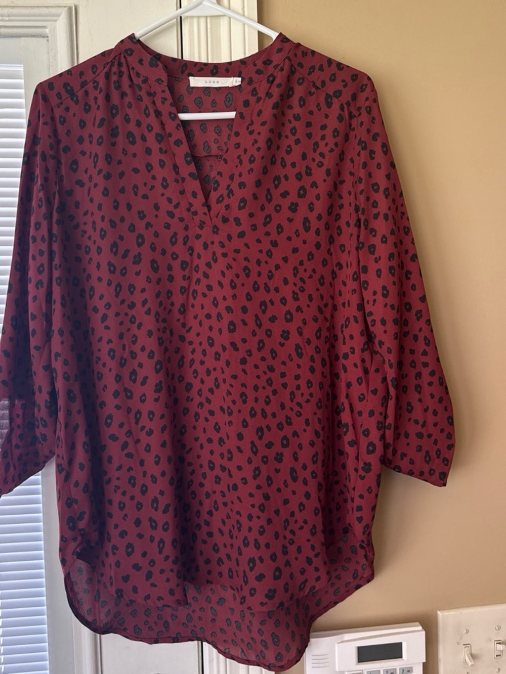 Lush Burgundy V-Neck Tunic with Black Animal Dot Print